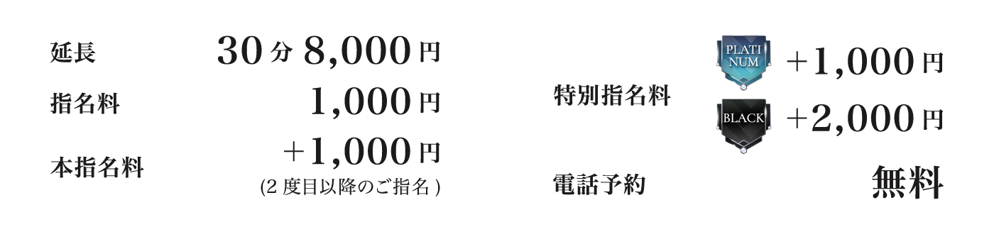 延長30分8,000円、指名料1,000円、その他オプション料金のご案内です